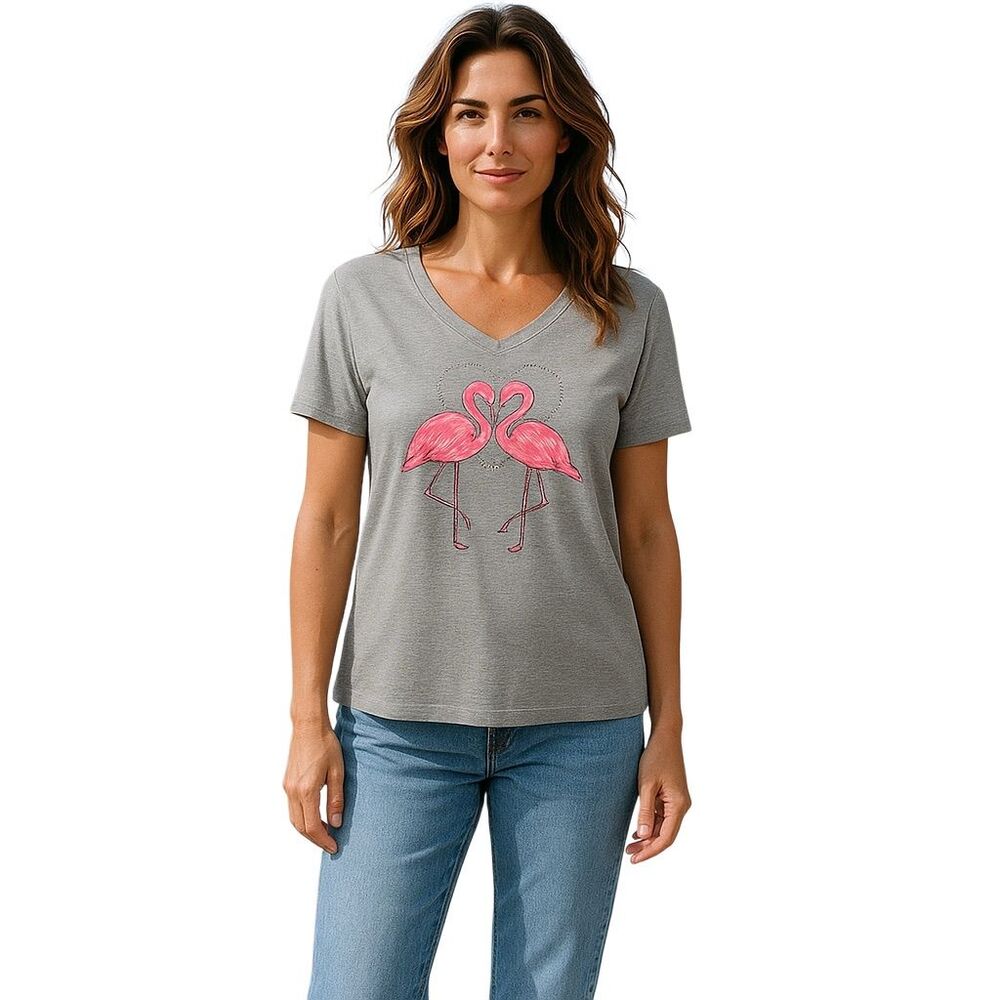 Casey Key Women's Petite V-Neck T-Shirt Flamingo Design Gray PXL